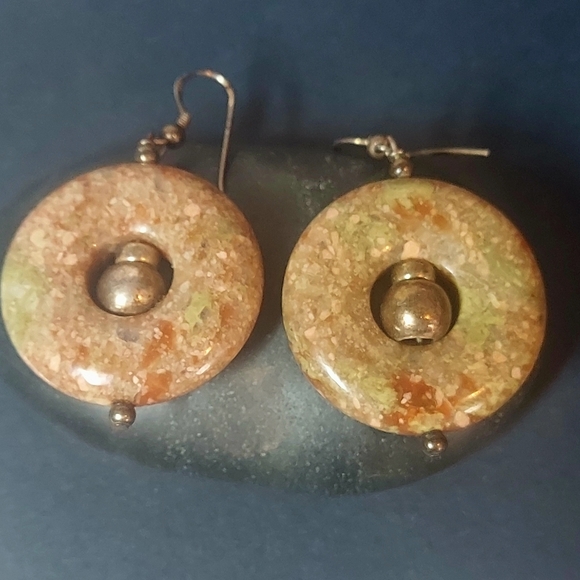 Vintage Green & Brown Nephrite Disc Hoop Earrings with 925 Sterling Silver Beads - Picture 2 of 6